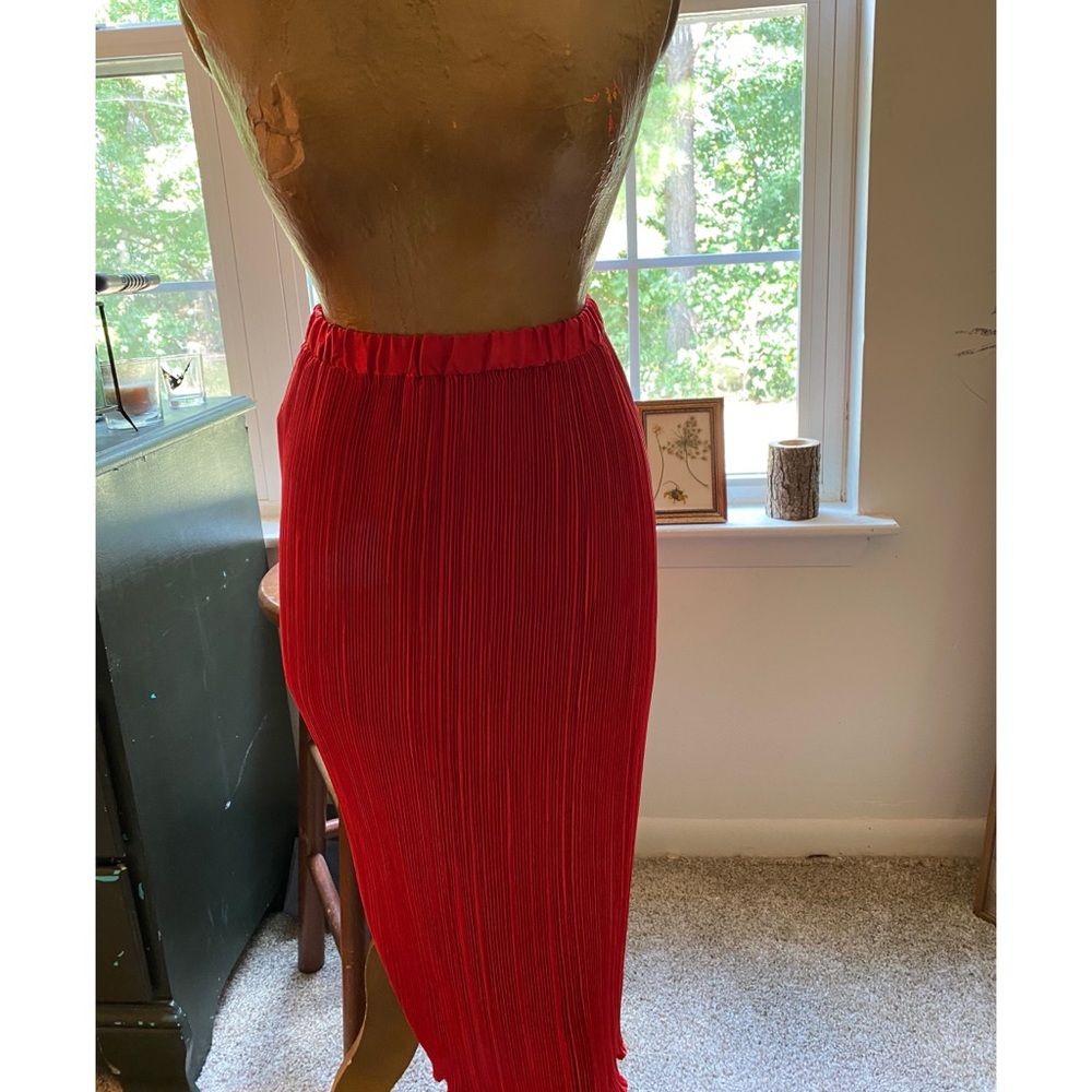 Handmade Accordion fabric Red Midi Skirt